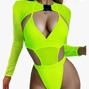 NWT Neon Green/yellow rave body suit with detachable sleeves size medium